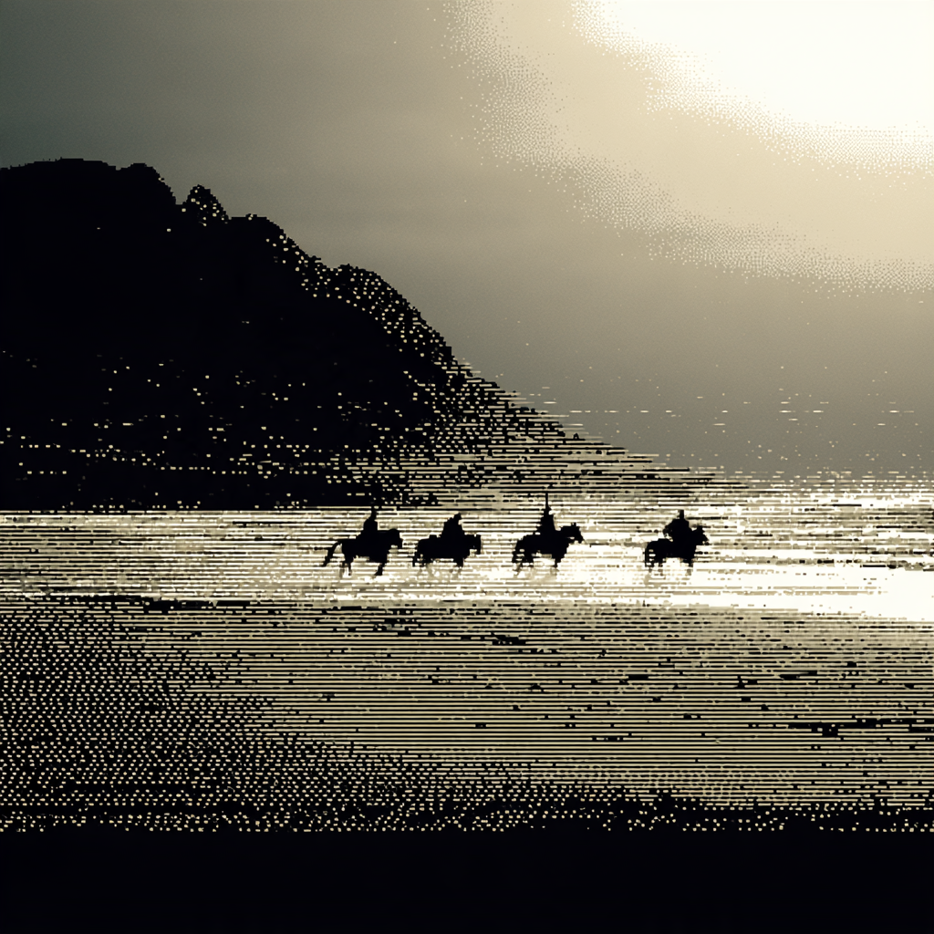Dithered silhouettes of four riders crossing sunlit water beneath a dark hillside